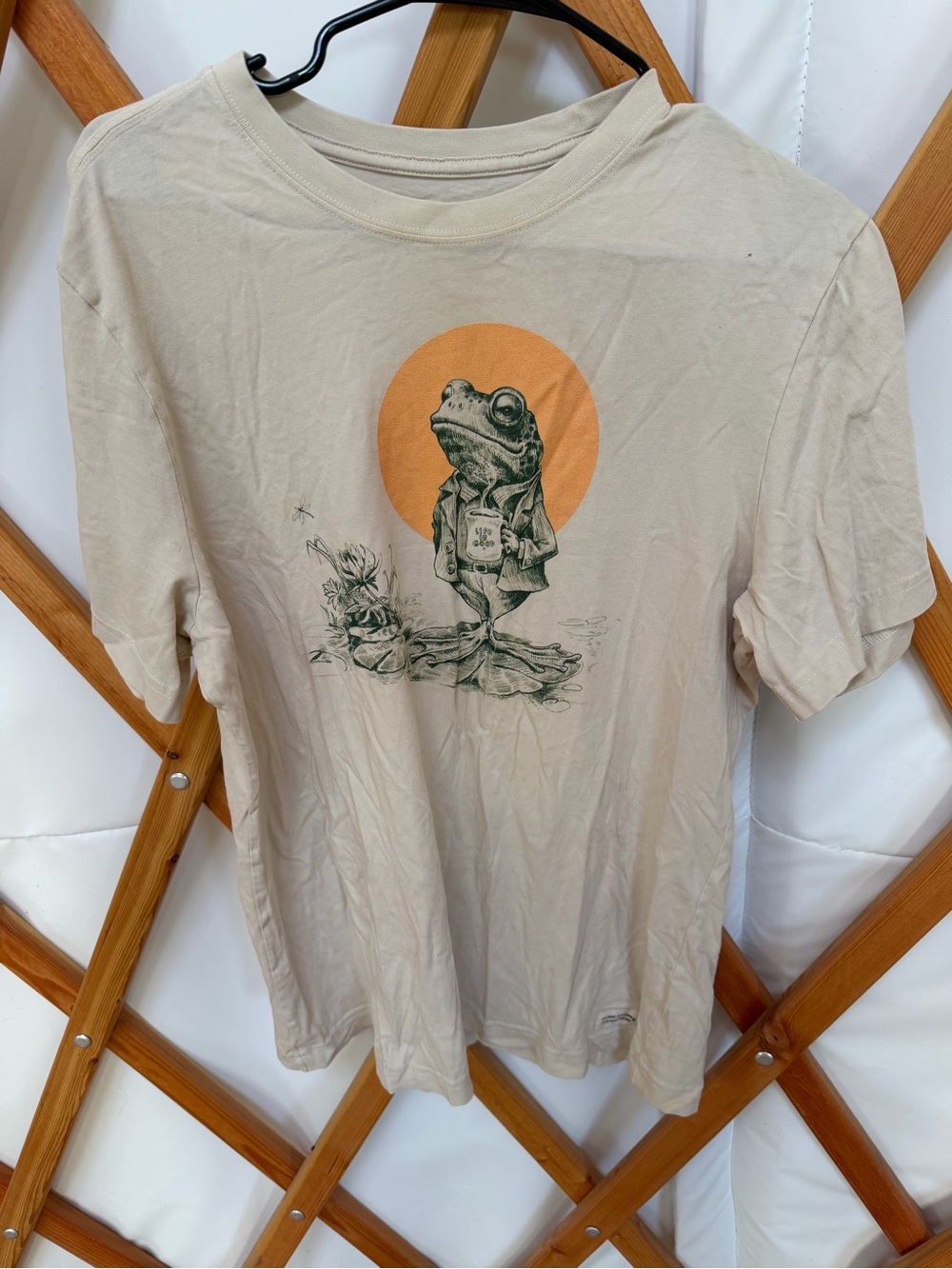 Life Is Good Beige Tee with Orange Sun & Frog Graphic